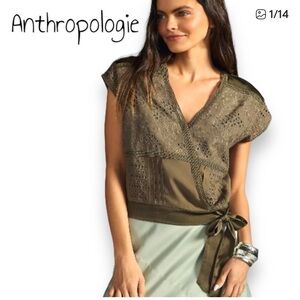 Anthropologie New Tiny Tatiana Wrap Blouse in Olive Green Size Medium